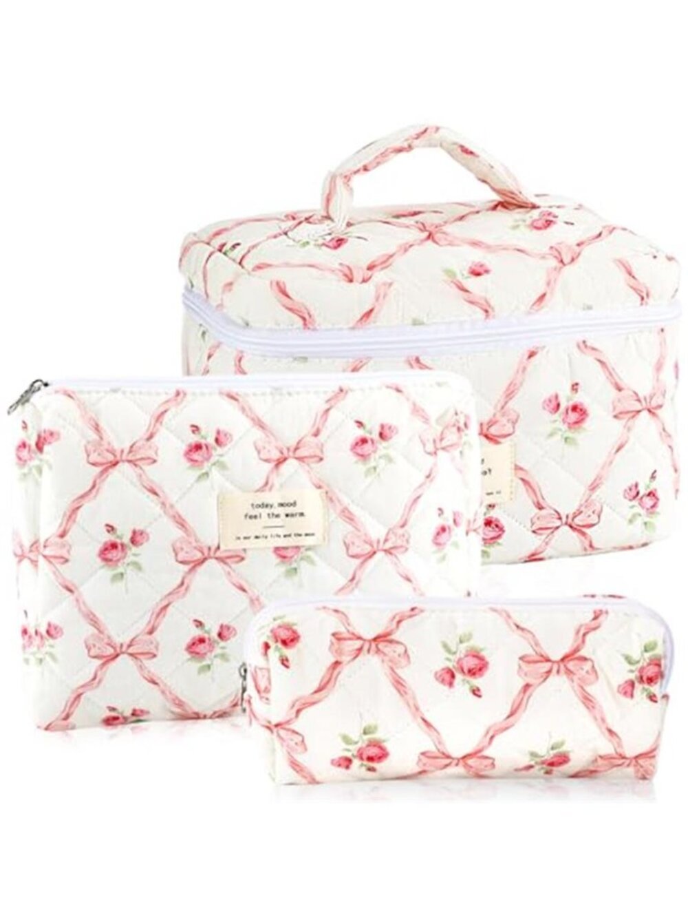 3Pcs Quilted Makeup Bag Set Pink Bow Cosmetic Pouch Coquette Travel Organizer